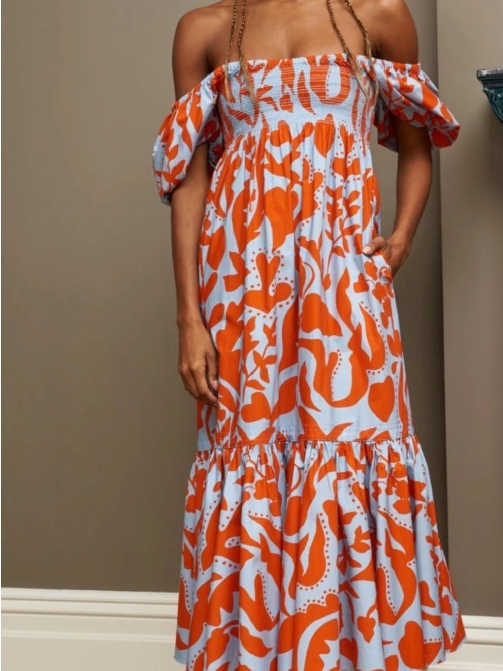 La Ligne Orange and White Off-Shoulder Floral Maxi Dress